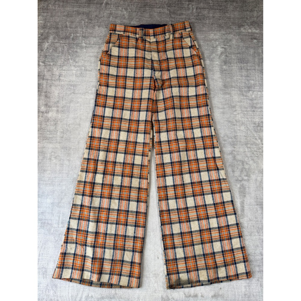 Vintage Trousers Mens 28 Orange Wide Leg Flare 70s Talon Zip Disco Plaid Pants